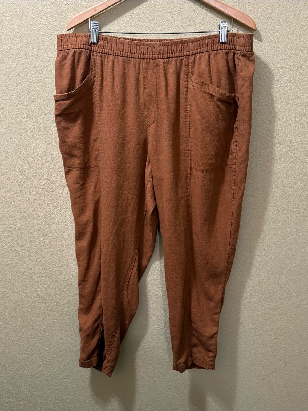 Women’s XL Old Navy Linen Taper Tan Brown High Rise Cuffed Elastic Waist Pants